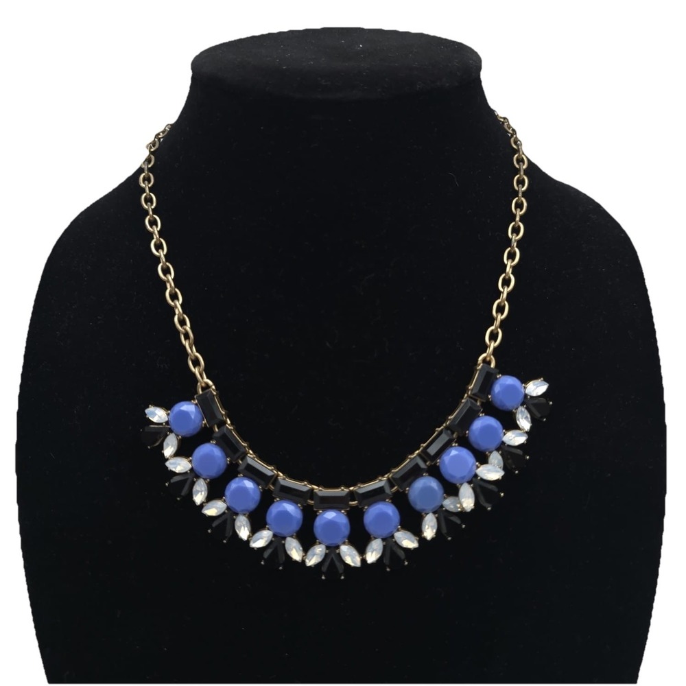 J.CREW Multi Pendant Statement Necklace Black Blue Clear Crystal Gold Tone Chain